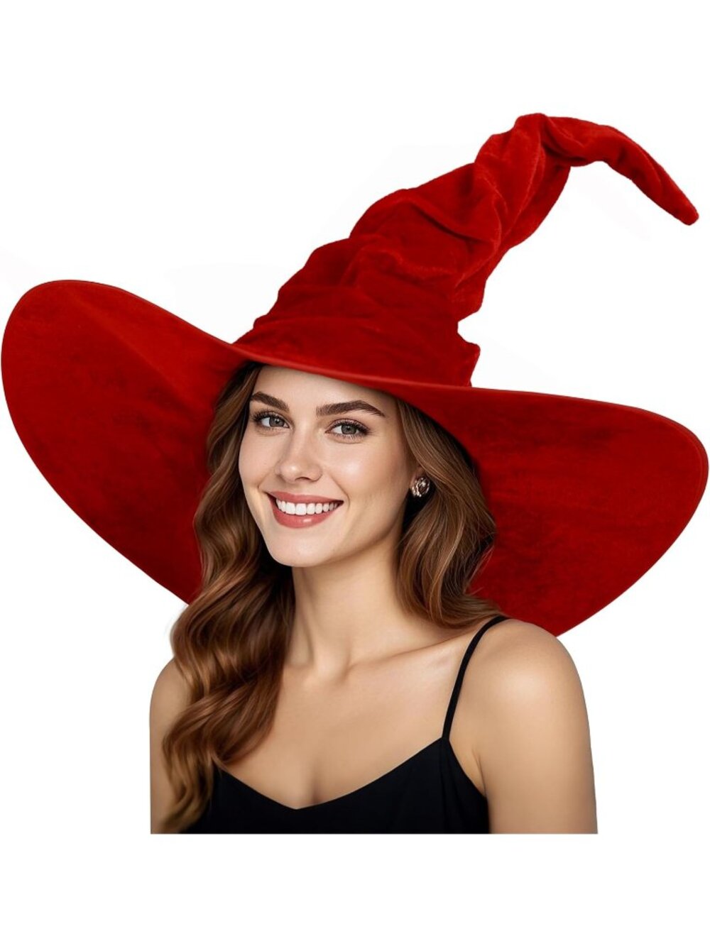 🎃Women's Red Adult Ruched Folded Look Curved Brim Halloween Witches Hat